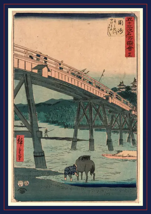 Okazaki, Ando, Hiroshige, 1797-1858, artist, 1855., 1 print : woodcut, color ; 34.8 x 23.3 cm., Print shows a wooden bridge from below spanning a small river, with a man washing a horse at the edge of the river, in the foreground, at the Okazaki station on the Tokaido Road.