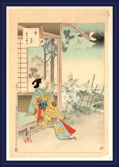 Uzuki, The fourth month., Mizuno, Toshikata, 1866-1908, artist, 1892., 1 print : woodcut, color ; 37.3 x 25 cm., Print shows a woman sitting at the opening to a building, enjoying the evening by moonlight.