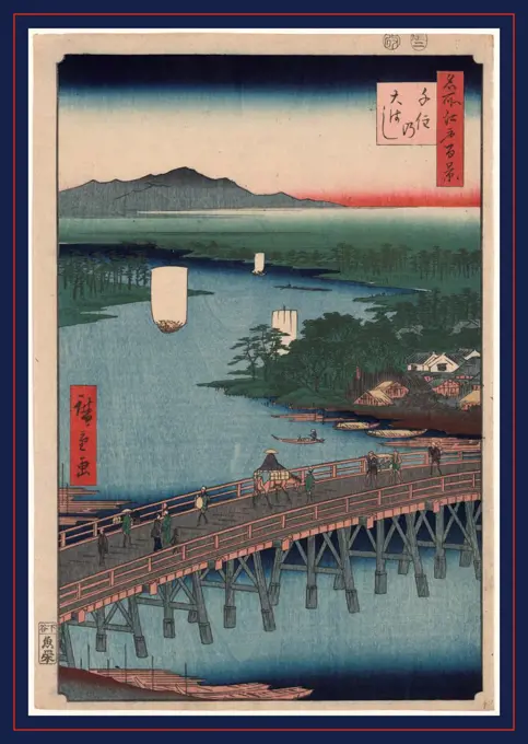 Senju no oubashi, Senju great bridge., Ando, Hiroshige, 1797-1858, artist, 1856., 1 print : woodcut, color ; 35.7 x 24.5 cm., View of the bridge of Senju crossing the Sumida River, with mountains in the background.