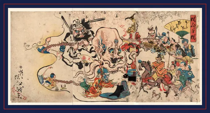 Doke hyakumanben, A comic Buddhist rosary procession., Kawanabe, Gyosai, 1831-1889, artist, 1864., 1 print (3 sheets) : woodcut, color ; 37.7 x 25.7 cm (left panel), 35.2 x 24.1 cm (center panel), 35.3 x 24.5 cm (right panel), Print shows a procession of various figures holding a large rosary around a large octopus.