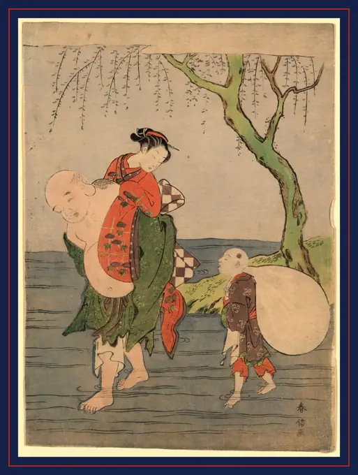 Musume o seotte kawa o wataru hotei, Hotei carrying a young girl piggyback., Suzuki, Harunobu, 1725-1770, artist, [between 1767 and 1769, 1 print : woodcut, color ; 28.2 x 20.2 cm., Print shows Hotei, one of the seven lucky Buddhist gods, carrying a young woman across a river; a child attendant carries Hotei's bag.