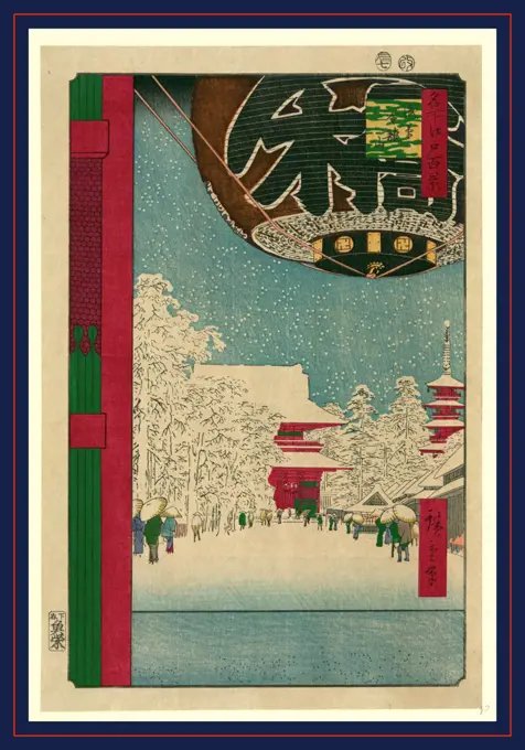 Asakusa kinryuzan, Kinryuzan Temple, Asakusa., Ando, Hiroshige, 1797-1858, artist, 1856., 1 print : woodcut, color., Print shows a large paper lantern hanging in a gateway leading to a snow-covered walkway to the Kinryuzan Temple in Asakusa.