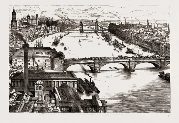 MEANS OF COMMUNICATION BETWEEN THE NORTH AND SOUTH SIDES OF THE THAMES BELOW LONDON BRIDGE, SHOWING THE ADVANTAGES AFFORDED BY THE NEW BRIDGE, LONDON, UK, 1886; A. THAMES TUNNEL. B. TOWER SUBWAY. C. THE NEW TOWER BRIDGE.