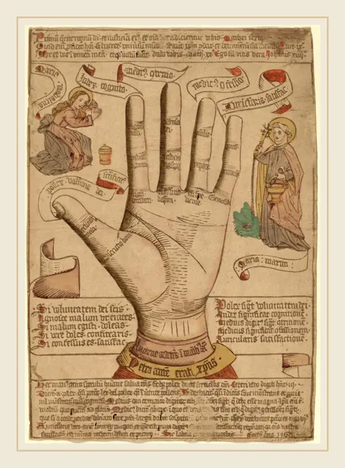 Netherlandish 15th Century, The Hand as the Mirror of Salvation, 1466, woodcut, hand-colored in rose, green, yellow and gray; printed by friction in brown ink