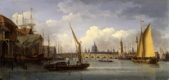 London Bridge, with St. Paul's Cathedral in the distance A View of London Bridge from the East, with St. Paul's Cathedral in the Background, London Signed and dated in black paint, lower center (on boat): "W. Anderson 1815", William Anderson, 1757-1837, British