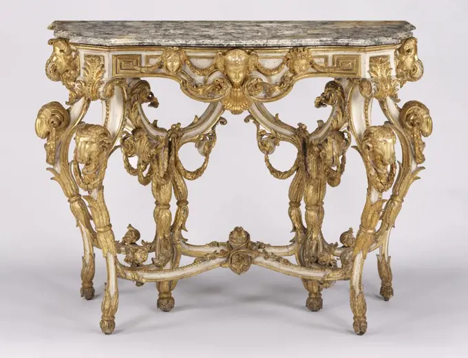 Side Table; Unknown; Italy, Europe; about 1760 - 1770; Carved, painted, and gilded limewood; marble top; Object: H:  104.9 x W:  153 x D:  74 cm (3 ft. 5 5/16 in. x 5 ft. 1/4 in. x 2 ft. 5 1/8 in.)