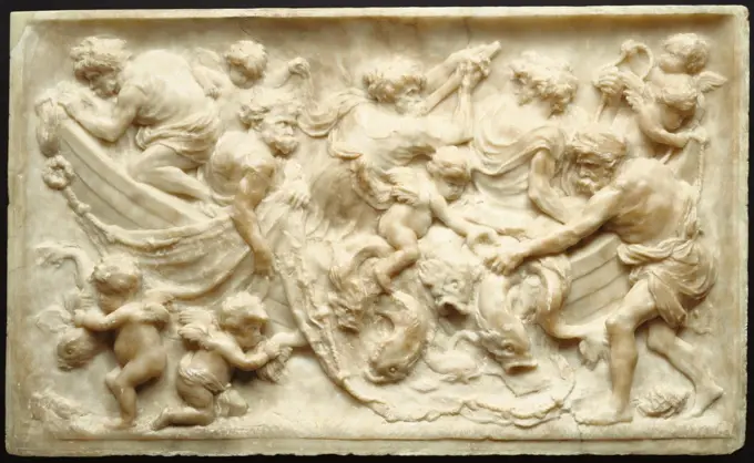 Marine Scene; Gerard van Opstal, Flemish, about 1605 - 1668; Belgium, Flanders, Europe; about 1640; Alabaster; Object: H:  61.9 x W:  101.8 x D:  7.3 cm (H:  24 3/8 x W:  40 1/16 x D:  2 7/8 in.)