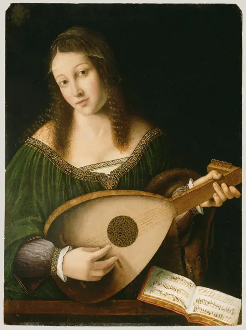 Lady Playing a Lute; Bartolomeo Veneto and workshop, Italian (Venetian), died 1531, active 1502 - 1555; about 1530; Oil on panel; Unframed: 55.9 x 41.3 cm (22 x 16 1/4 in.), Framed: 71.8 x 57.5 x 7 cm (28 1/4 x 22 5/8 x 2 3/4 in.)