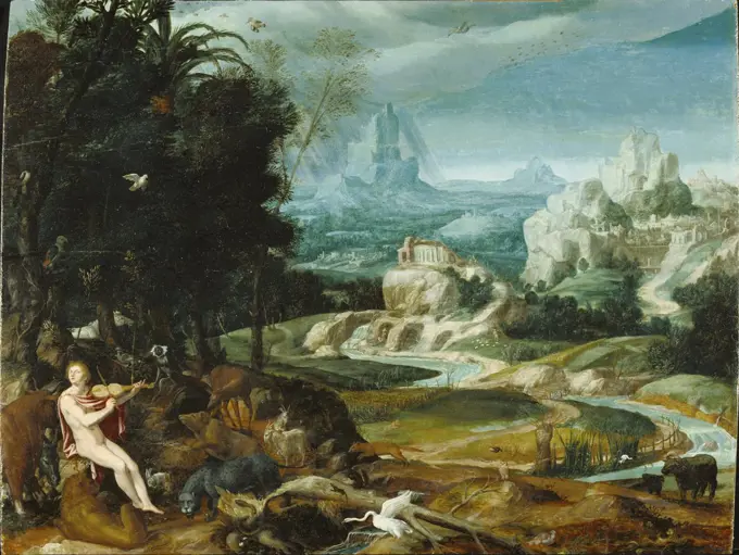 Landscape with Orpheus; Unknown maker, Flemish, 16th century; 16th century, about 1570; Oil on panel; Unframed: 35.6 x 45.7 cm (14 x 18 in.), Framed: 56.5 x 66.7 x 5.7 cm (22 1/4 x 26 1/4 x 2 1/4 in.)