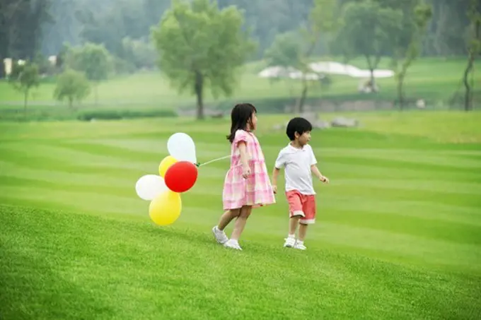 Happy children playing on the grass