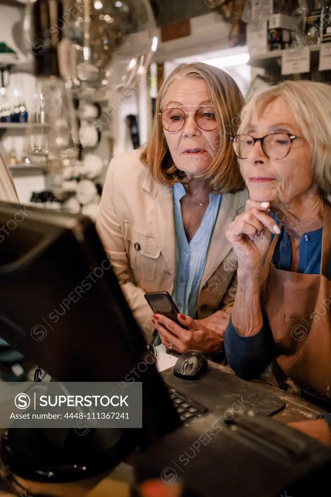 Senior female customer and saleswoman looking at computer monitor in hardware store