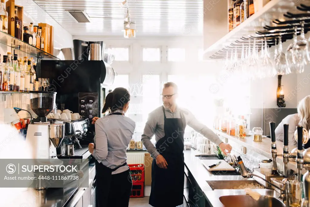 Male and female coworkers working in kitchen at restaurant