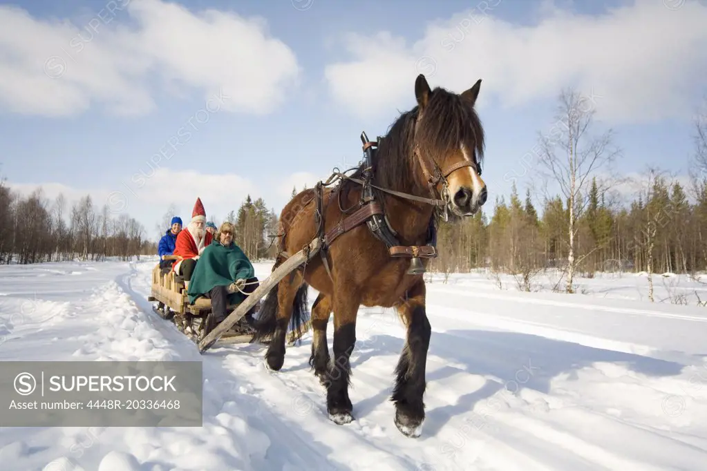 Horse pulling sleigh with Santa Claus on