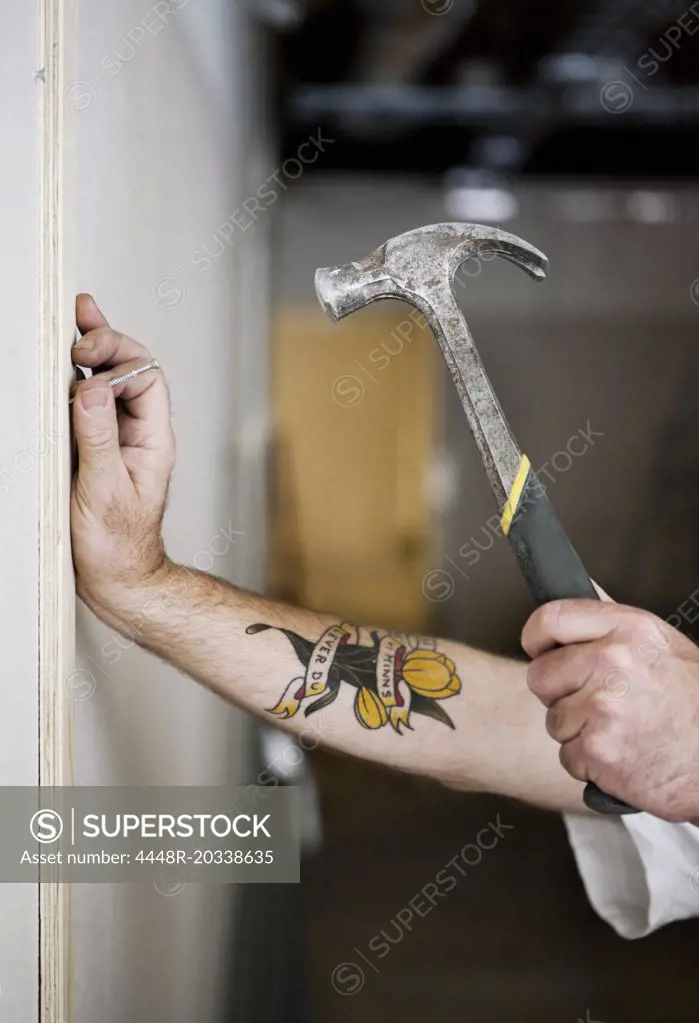 Carpenter hammering a nail