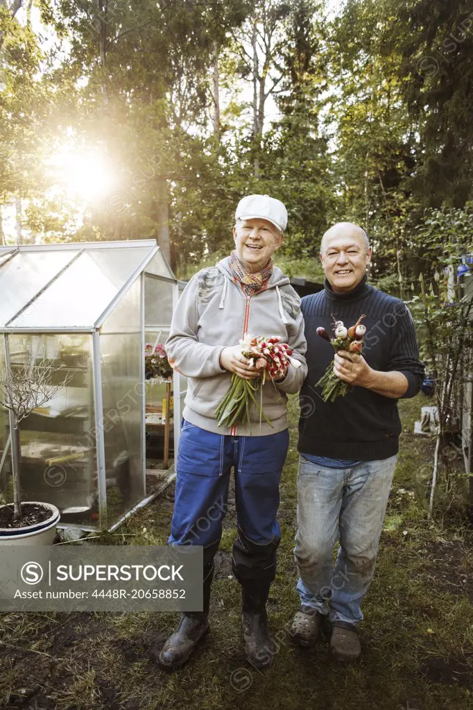 Portrait of happy gay couple holding fresh root vegetables at garden