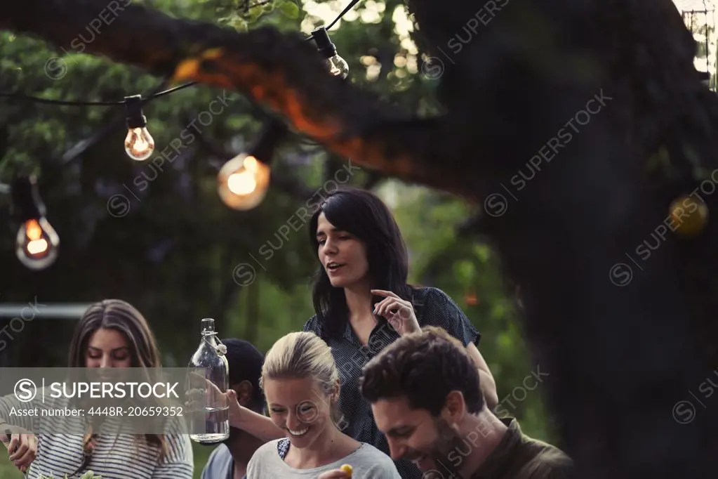 Happy friends enjoying dinner party at yard