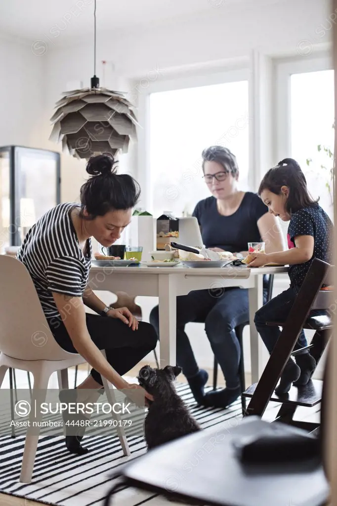 Woman stroking dog while family having food at dining table