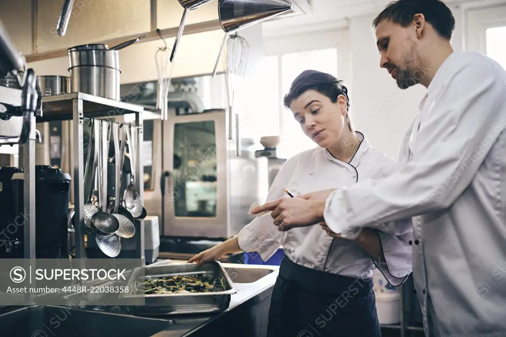 Male and female chefs reading order ticket while preparing food in commercial kitchen