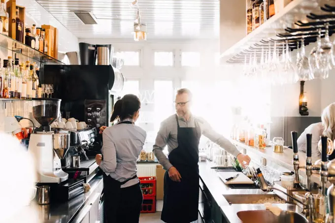 Male and female coworkers working in kitchen at restaurant