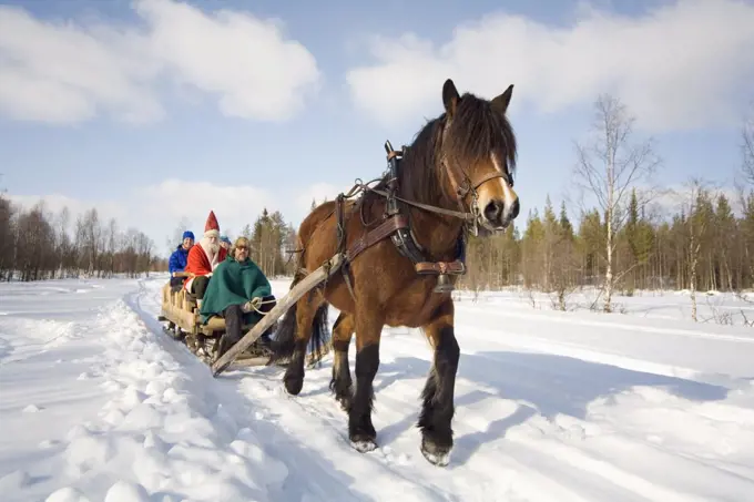 Horse pulling sleigh with Santa Claus on