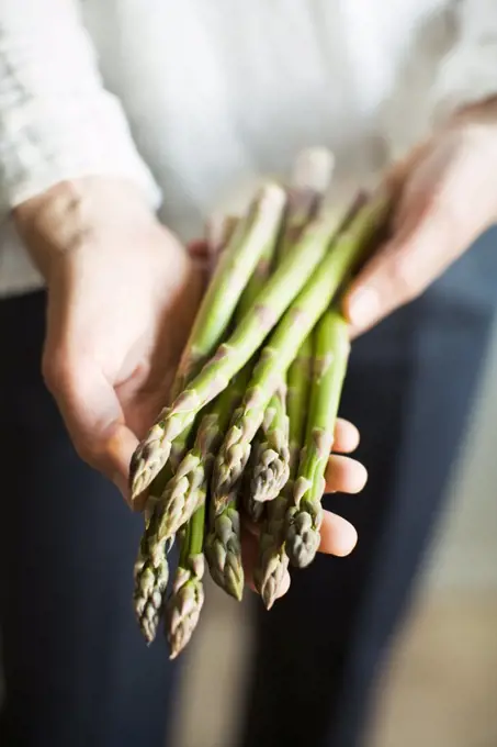 Midsection of woman holding bunch of asparagus vegetable