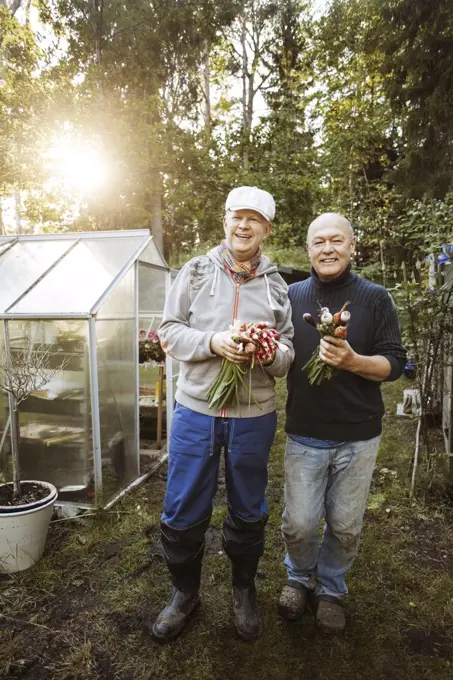 Portrait of happy gay couple holding fresh root vegetables at garden