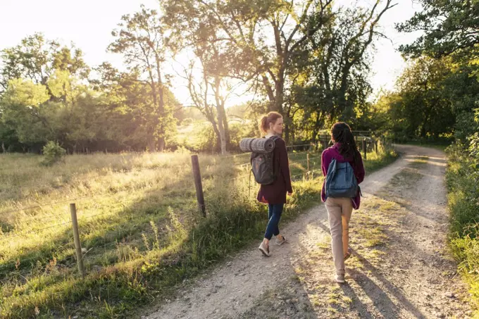 Full length rear view of mother and daughter hiking on dirt road in forest