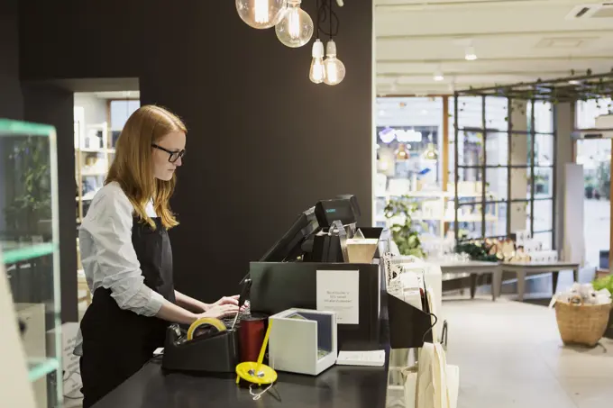 Side view of female owner using computer at checkout counter in design store