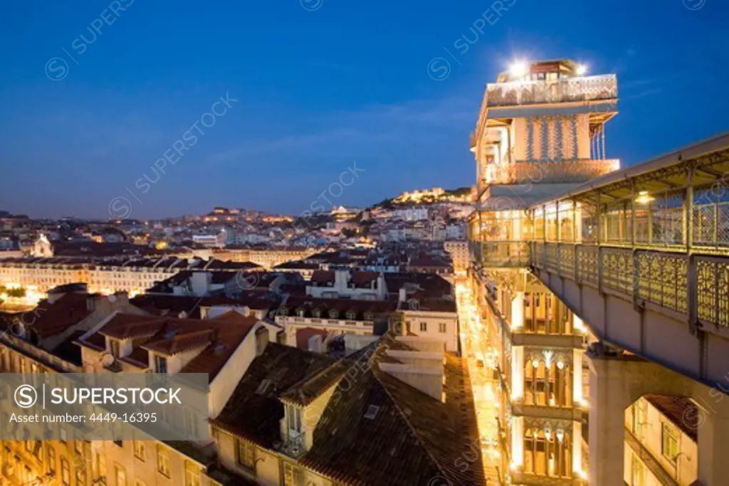 Portugal, Lisbon, Portugal, Lisbon, Portugal, View from Elevator Santa Justa towords Castelo Sao Jorge at twilight