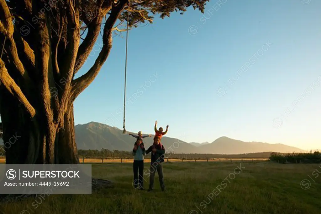 Family, children playing on hanging rope, giant tree at the beach near Haast, Westcoast, South Island, New Zealand