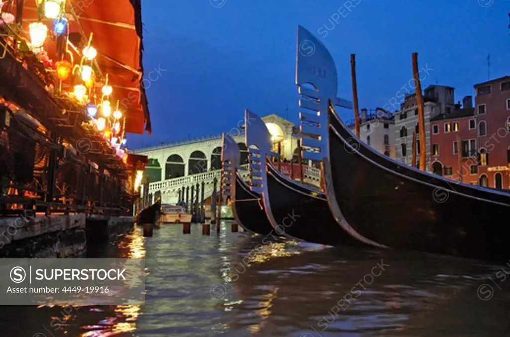 Restaurants, Gondola, Rialto Bridge, Venice, Veneto, Italy