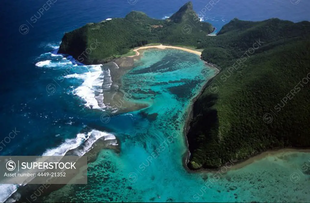 Aerial view of North Bay, North Passage and Mt. Eliza, Lord Howe Island, Australia