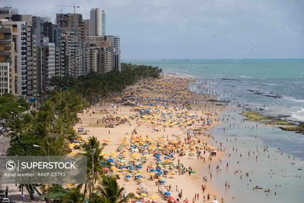 View of the crowded beach from Recife Palace Hotel, Recife, Pernambuco, Brazil, South America