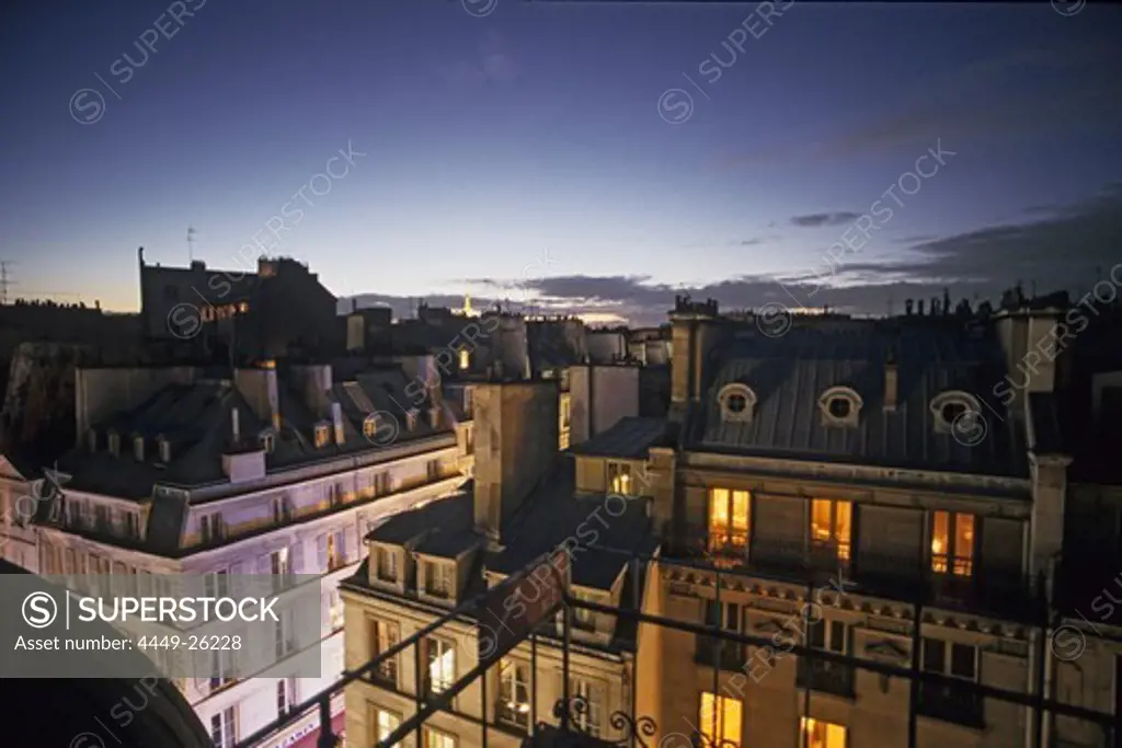 Evening view above the rooftops of Paris, 2e Paris, France