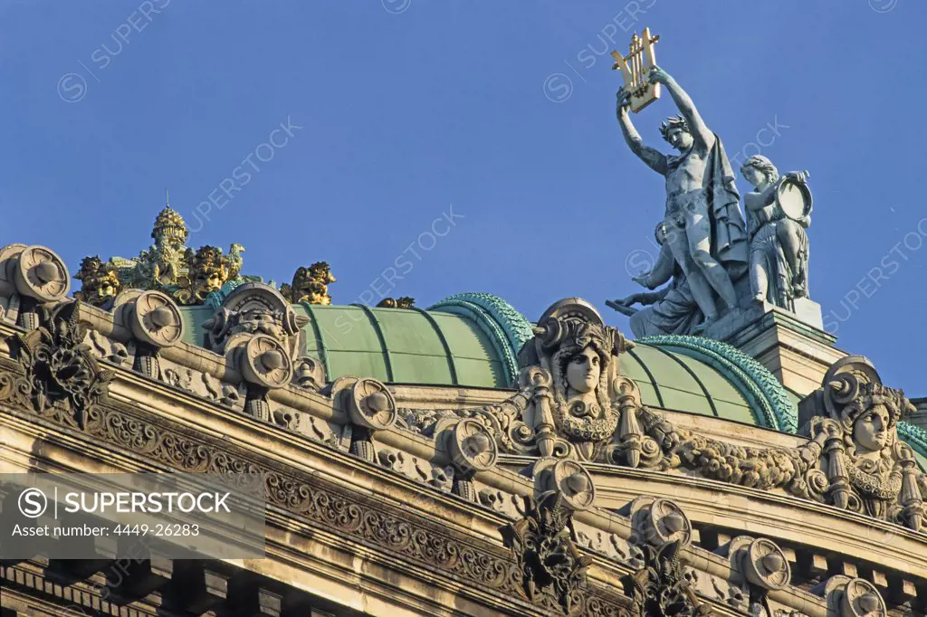 Opera Garnier, roof sculpture of Apollo with Poetry and Music, figures from Greek mythology, second Empire, Paris, France