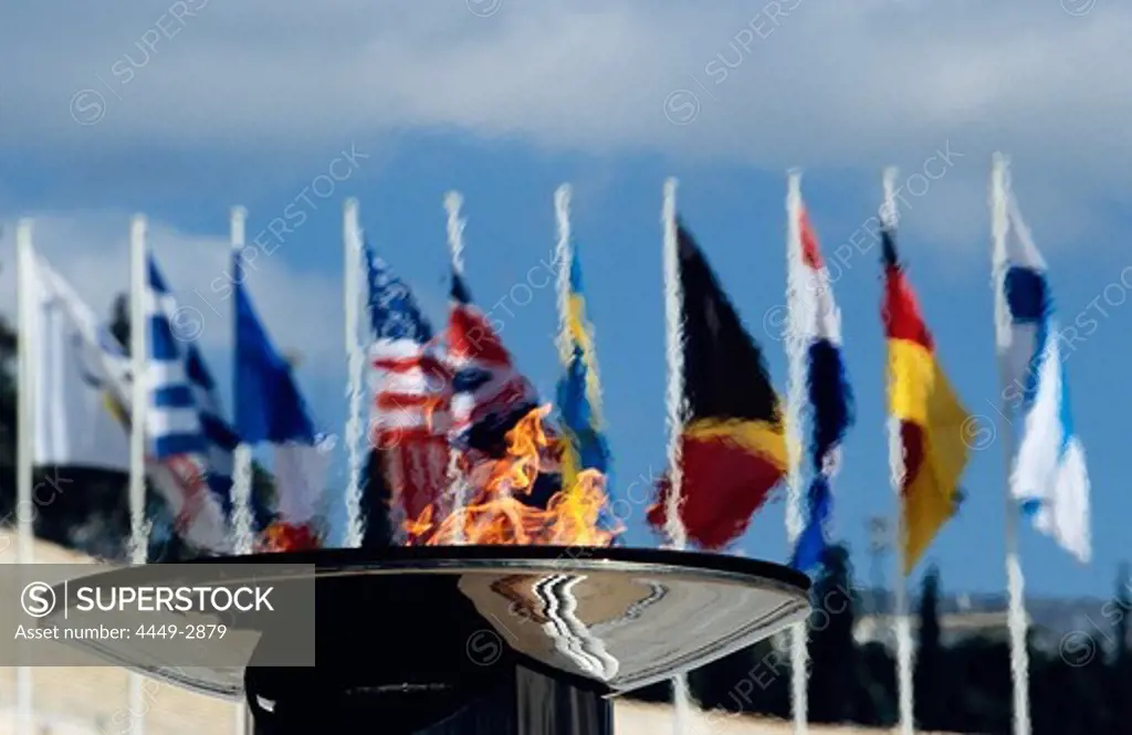 Olympic Flame and flags, Panathenian Stadium Athens, Greece