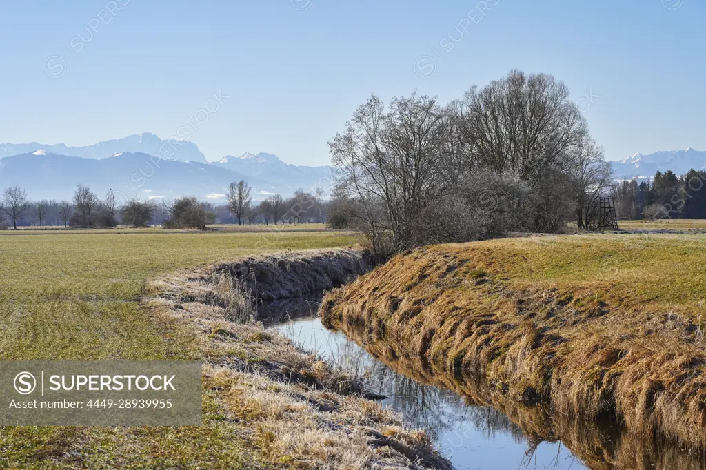 Sunny early spring morning in the Weilheimer Moos, Weilheim