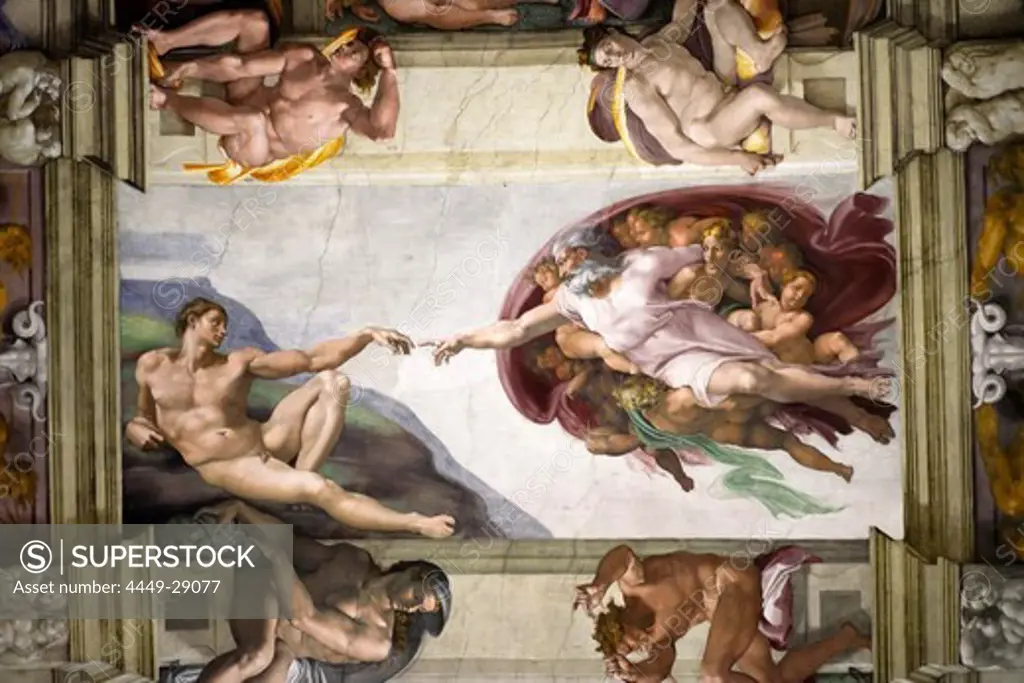 God creates Adam, Sistine Chapel ceiling by Michelangelo, Sistine Chapel, Vatican Museums, Vatican City, Rome, Italy