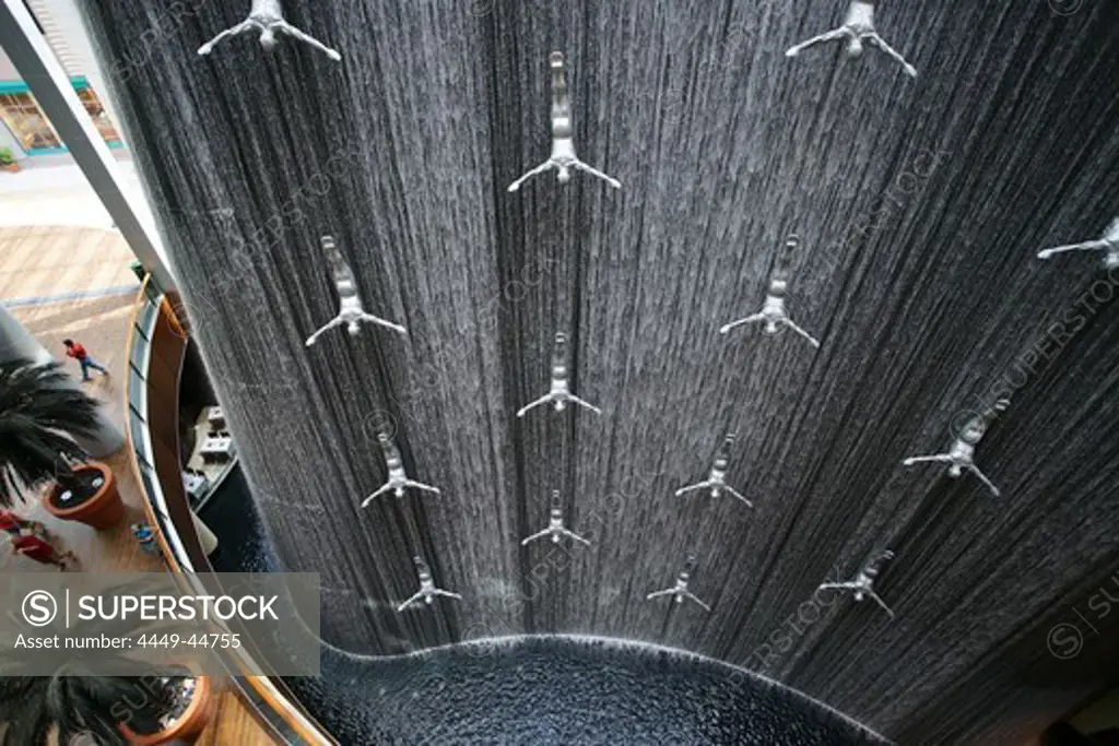 Giant waterfall with sculptures inside Dubai Shopping Mall, Dubai, UAE, United Arab Emirates, Middle East, Asia