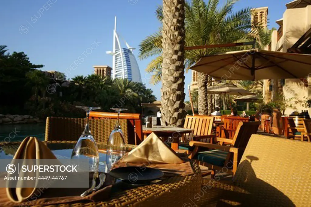 Restaurant at Madinat Jumeirah, Burj Dubai, Dubai, UAE, United Arab Emirates, Middle East, Asia