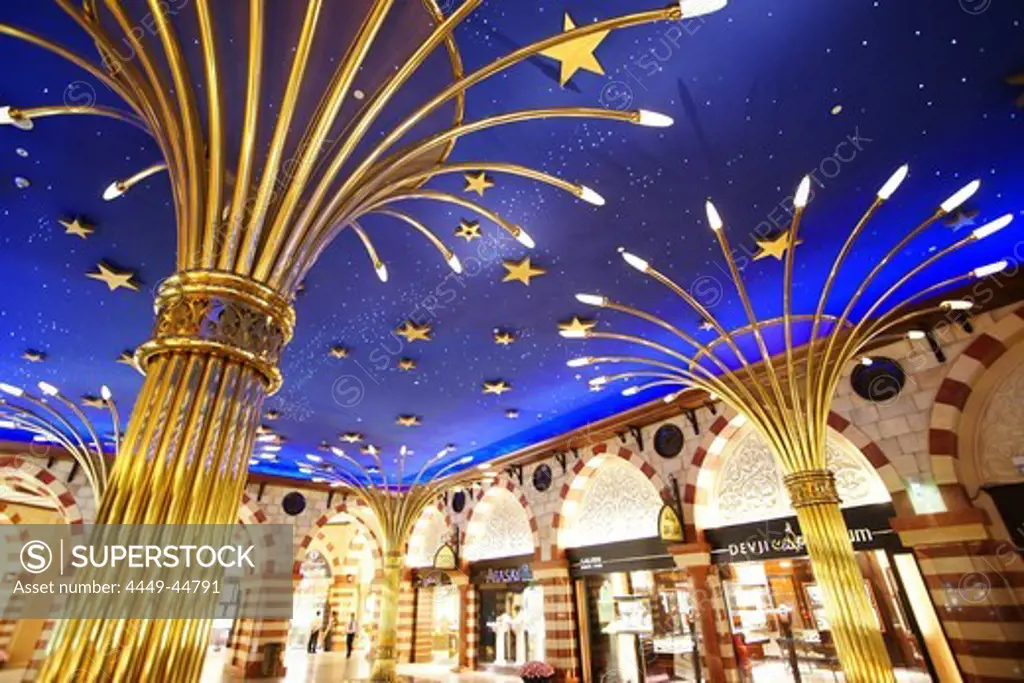 Illuminated shops inside Dubai Shopping Mall, Dubai, UAE, United Arab Emirates, Middle East, Asia