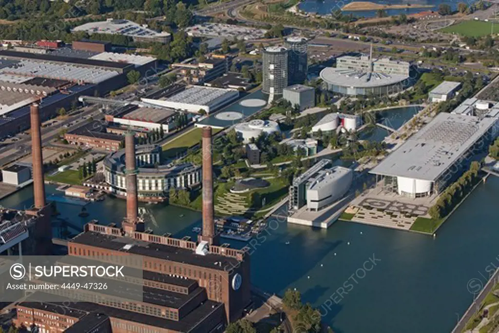 Aerial view of the Volkswagen plant and canal, Autostadt Wolfsburg, Lower Saxony, Germany