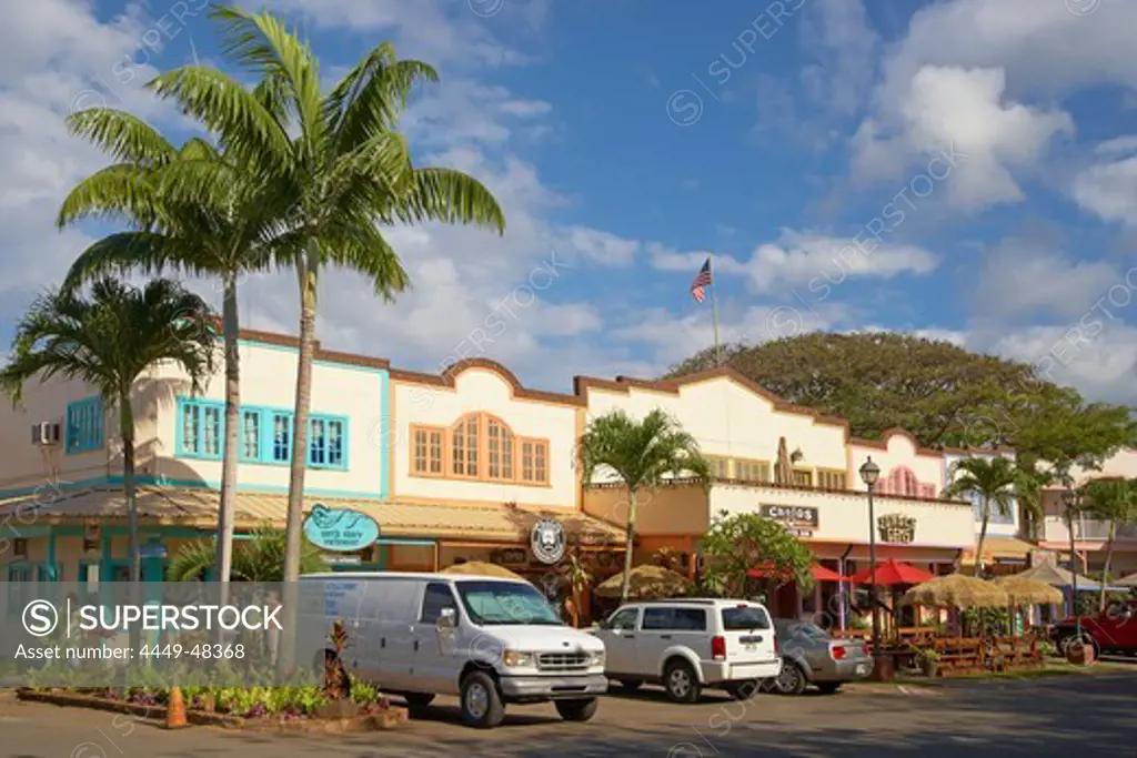 Cars and stores at North Shore Marketplace, Haleiwa, North Shore, Oahu, Hawaii, USA, America