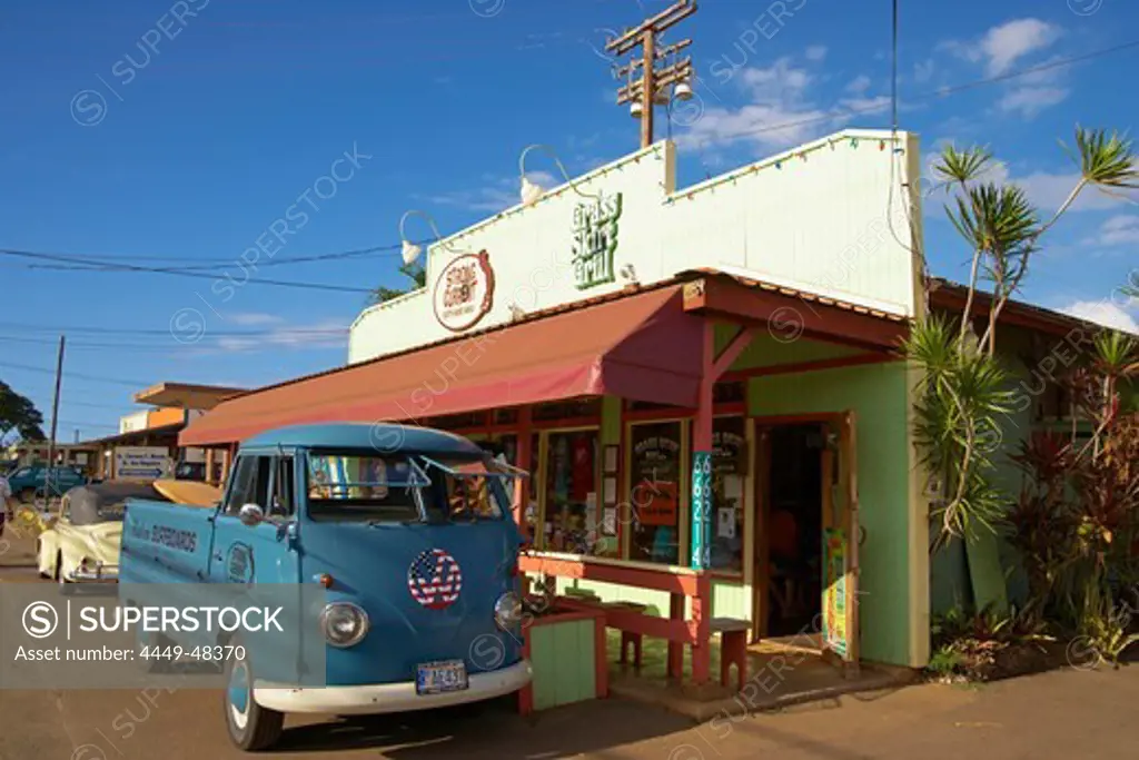 Cars in front of a shop at Haleiwa, North Shore, Oahu, Hawaii, USA, America