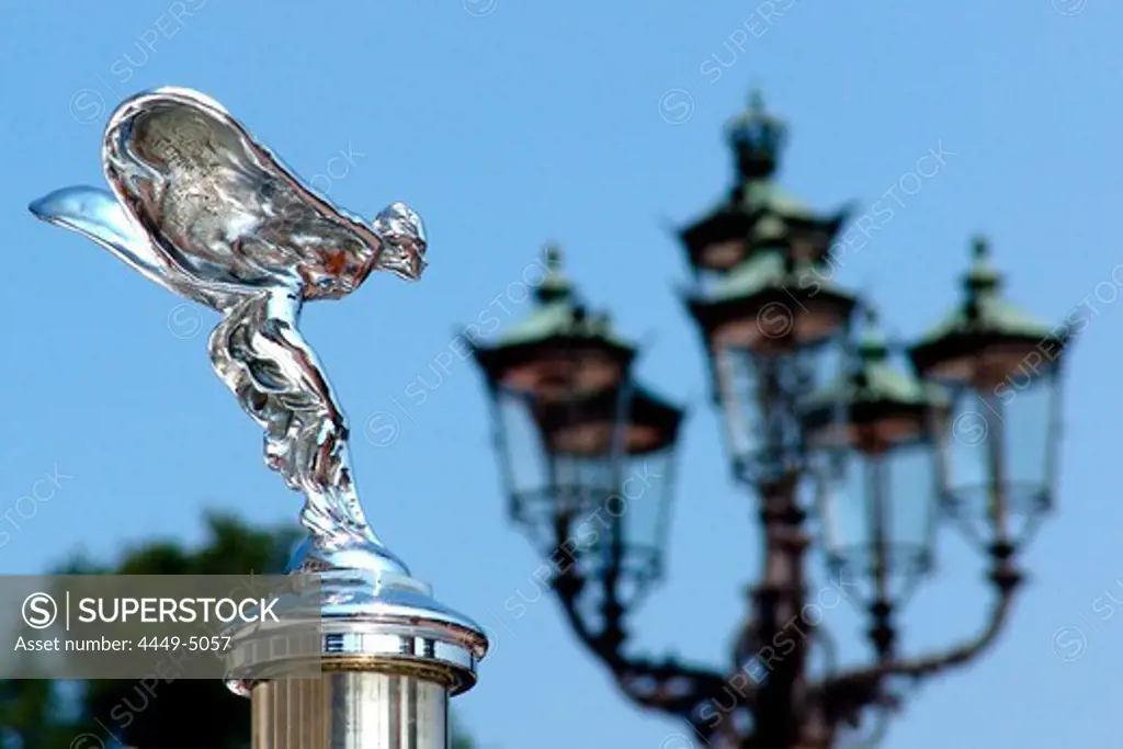 Hood ornament of a Rolls Royce Emily and street lamp, Baden-Baden, Baden-Wuerttemberg, Germany, Europe