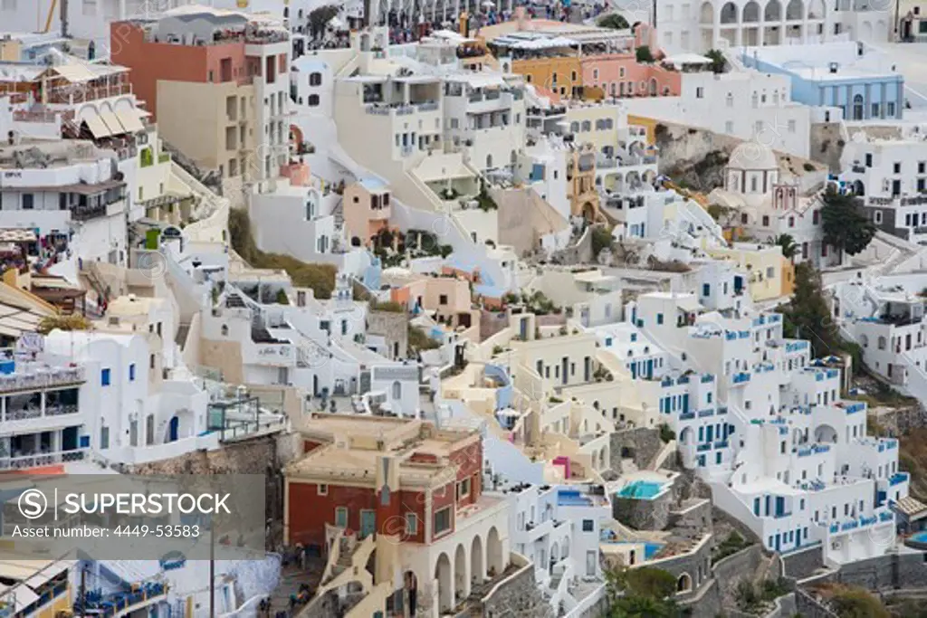 Overhead of cliffside houses, Fira, Santorini, Greece, Europe