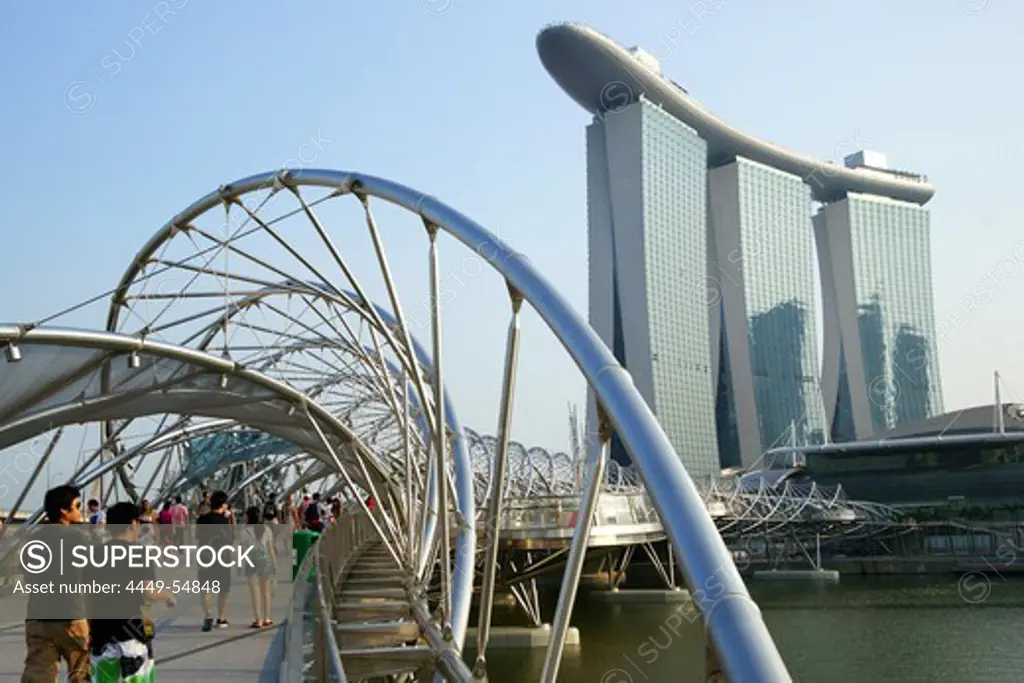 Helix Bridge, pedestrian bridge linking Marina Centre with Marina South in the Marina Bay area, Marina Bay Sands Hotel, Singapore, Asia