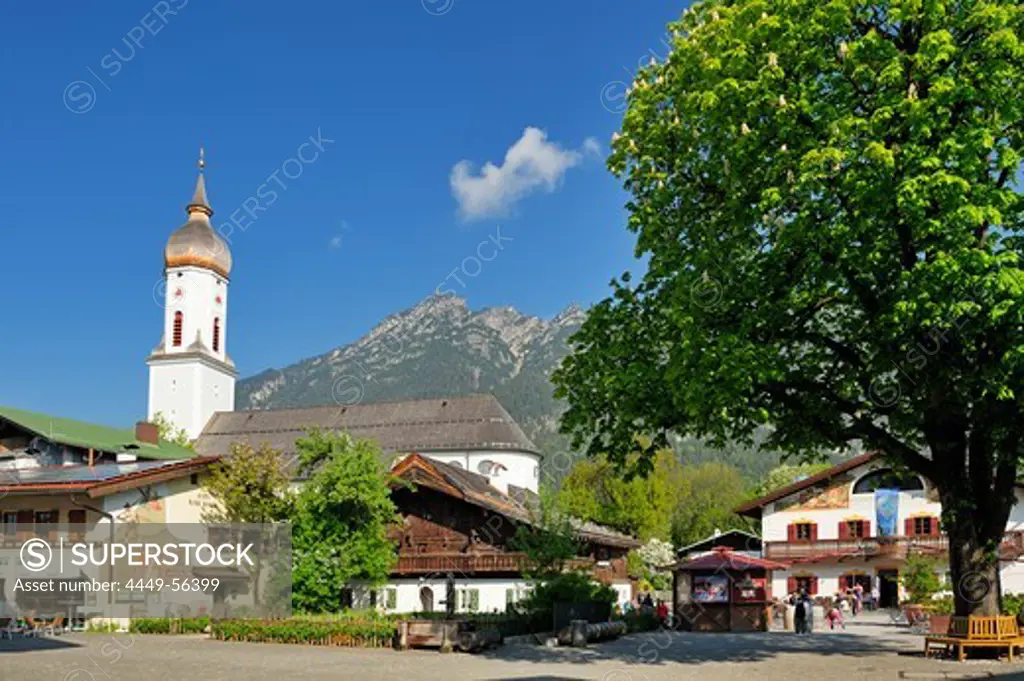 Main square of Garmisch with church and big chestnut tree, Garmisch-Partenkirchen, Wetterstein range, Werdenfels, Upper Bavaria, Bavaria, Germany, Europe