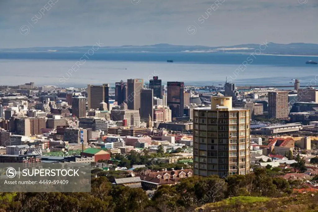 View from the foot of Devils Peak on a residential tower of Disa Park and Cape Town, RSA, Cape Town, Western Cape, South Africa