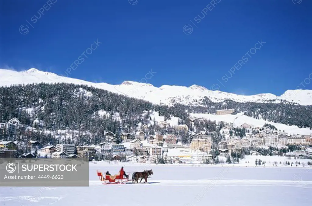 Sleigh in winter landscape, St. Moritz, Grisons, Switzerland, Europe